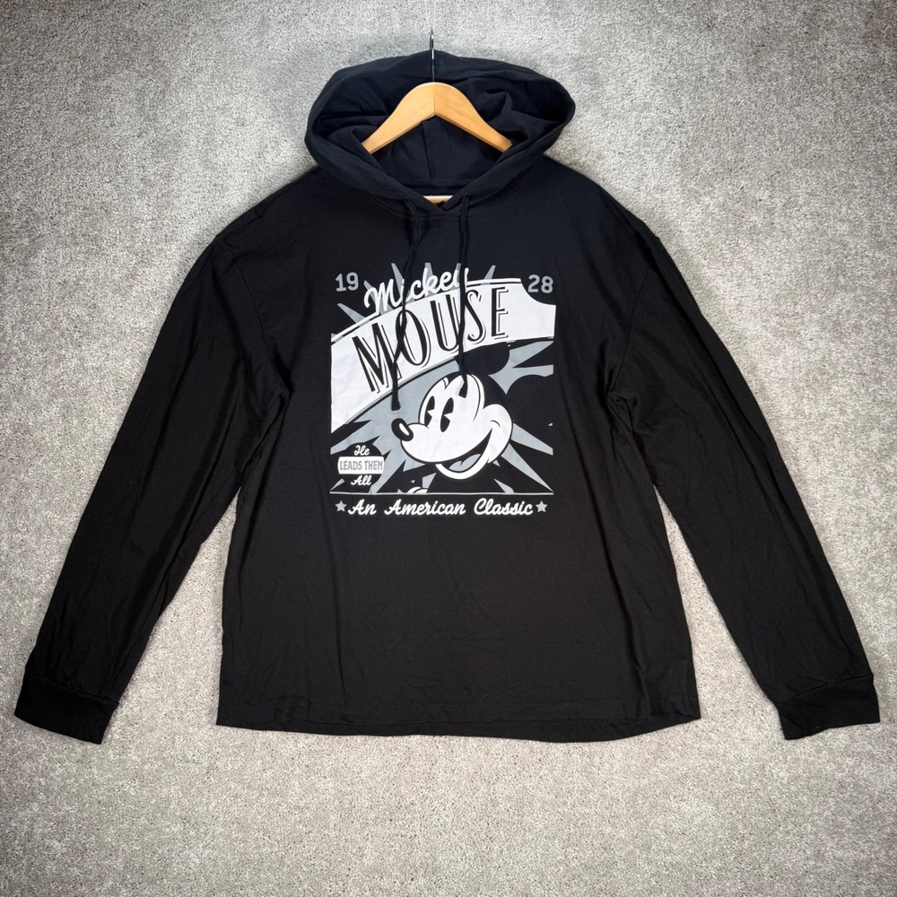 Disney Mickey Mouse Lightweight Hoodie Black Graphic Long Sleeve XL Stamp Design